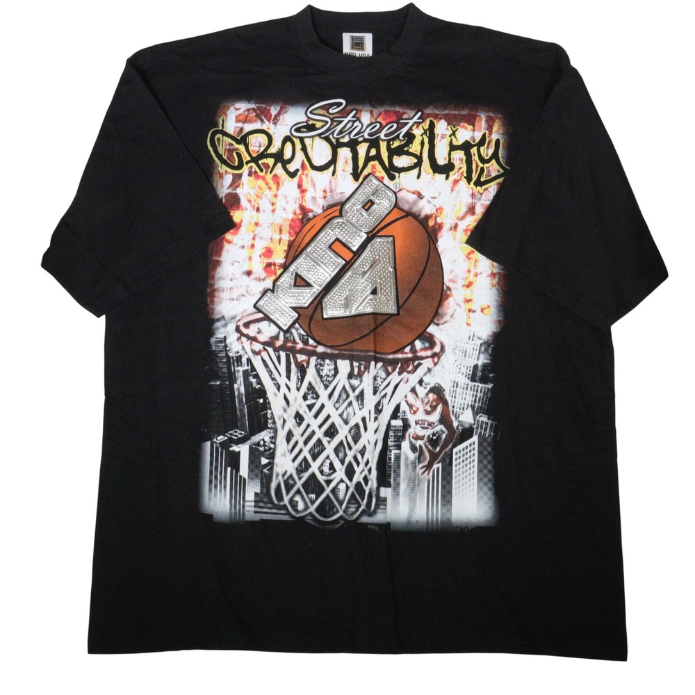 Vtg Y2K T-Shirt Street Creditability Basketball‎ 3D Graphic Black Cotton Men 4XL